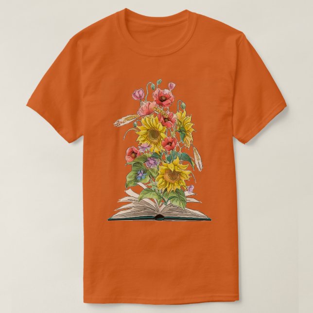 Camiseta Livro Aberto por Aquarelas com Girassóis e Poppies (Frente do Design)