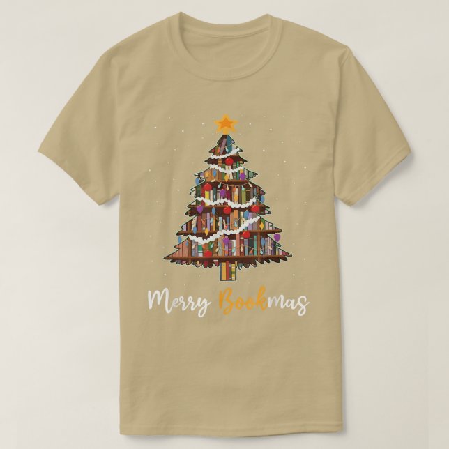 Camiseta Livro de Bookmas felizes Árvore de Natal Bibliotec (Frente do Design)