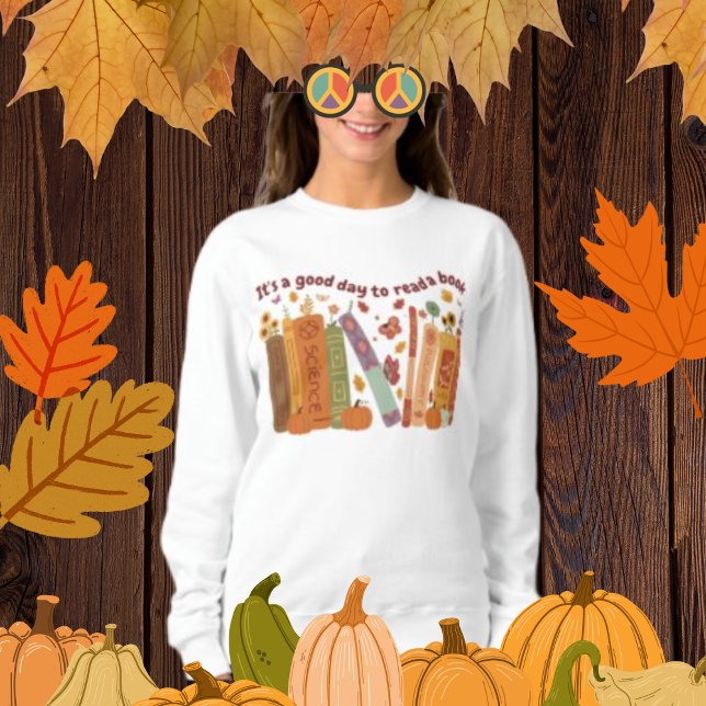 Camiseta Livro de livros Amantes, OrangePumpkin e Folhas de (Bookish book Lovers Shirt; Women's Basic Sweatshirt Wight color, cute orange pumpkin, fall/autumn, )