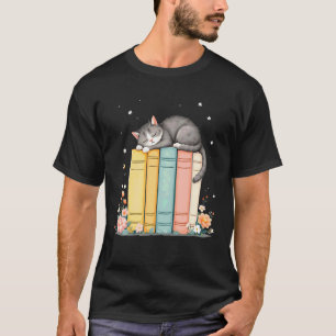 Camiseta Livros Adoráveis Gato Amante Dormindo Relax Leitur
