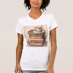 Camiseta Livros Antigos de Vintage e uma Xícara de Café