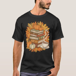Camiseta Livros Café Outono Folhas E Abóboras Biblioteca Vi