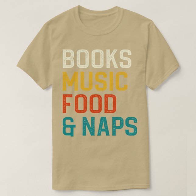 Camiseta Livros Comida Música E Soneca (Frente do Design)