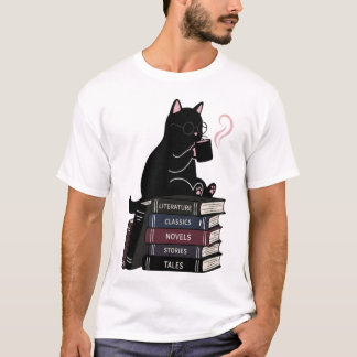 Camiseta Livros de Café de Gato Preto Fofo