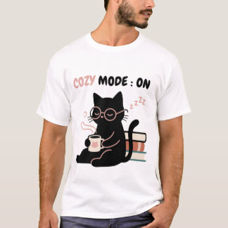 Camiseta Livros de Café de Gato Preto Fofo Modo Ac