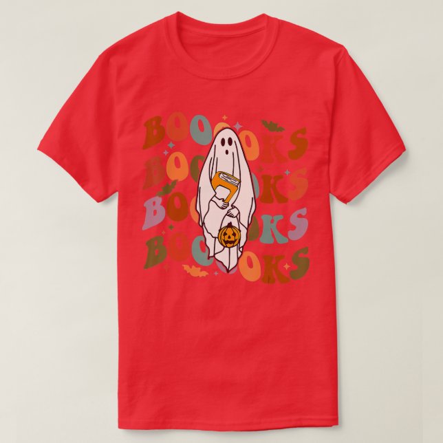 Camiseta Livros de Halloween Livros Fofos Ghost Boo Lendo L (Frente do Design)