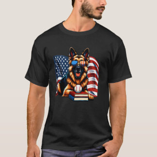Camiseta Livros do Cão Pastor Alemão Bandeira EUA Beisebol 