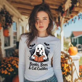Camiseta Livros, Espíritos e Carinhos de Gato Halloween