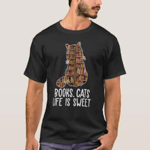 Camiseta Livros Gatos A vida é doce Gato Bibliófilo Biblio