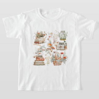 Camiseta Livros Mushroom Floral Whimsical Cottagecore Art
