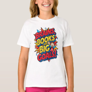 Camiseta Livros sobre cérebros e grandes metas - Diversão d