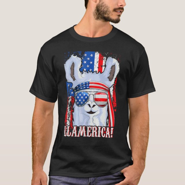 Camiseta Llama American Flag Women Girl Em 4 De Julho Llame (Frente)
