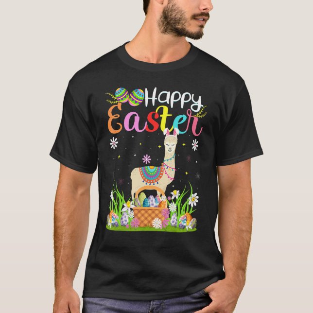 Camiseta Llama Bunny Egg Caçando Felz pascoa Llama (Frente)