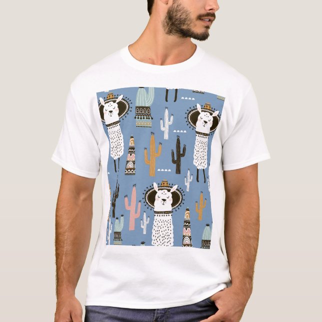 Camiseta Llama, Cactus, Padrão De Elementos Desenhados À Mã (Frente)