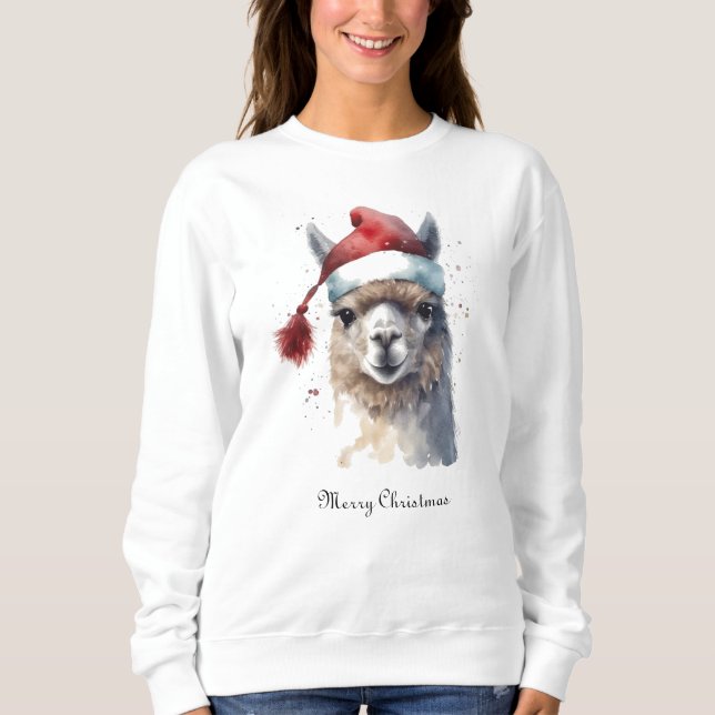 Camiseta Llama de Natal com Chapéu de Papai Noel e Texto Pe (Frente)