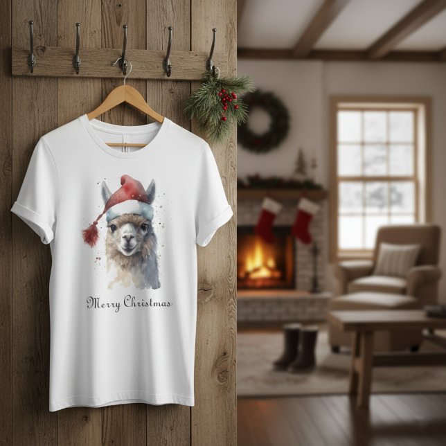 Camiseta Llama de Natal com Chapéu de Papai Noel e Texto Pe (Criador carregado)