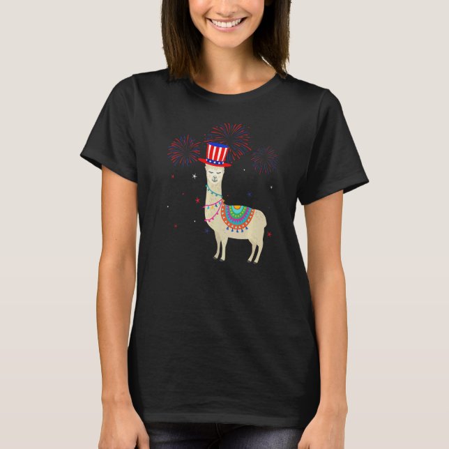 Camiseta Llama Graphic Red White Blue Fireworks Decor 4th O (Frente)