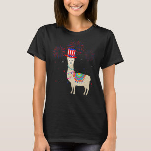 Camiseta Llama Graphic Red White Blue Fireworks Decor 4th O