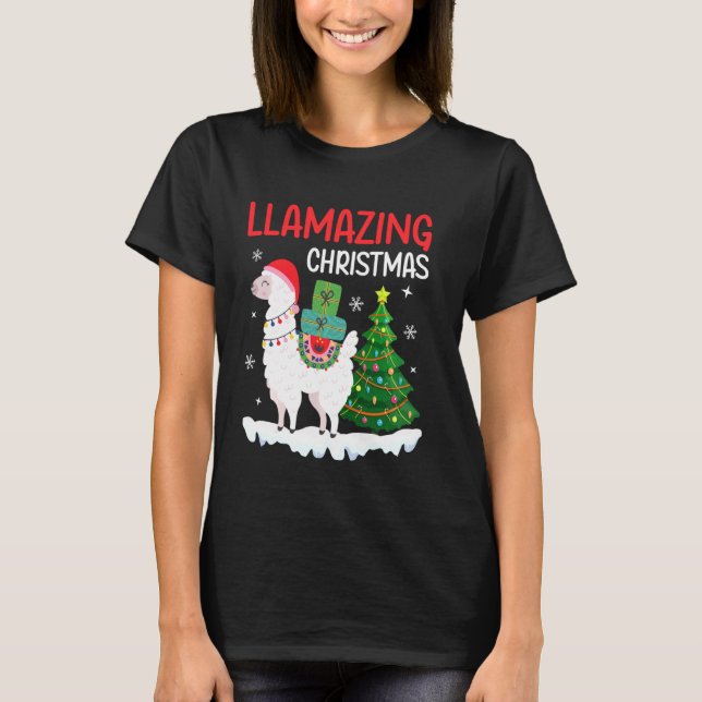 Camiseta Llama Llamaçando Pijamas De Natal Para A Festa De  (Frente)