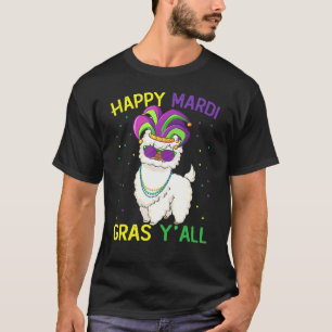 Camiseta Llama Mardi Gras Segurando Máscara E Bead Ama Mar