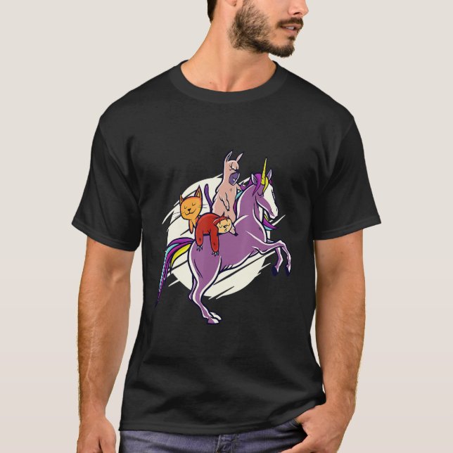 Camiseta Llama Sloth e Cat Riding Unicorn Amigos (Frente)