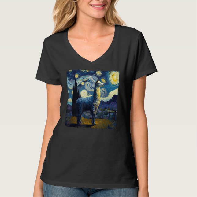 Camiseta Llama Starry Night Van Gogh pintando Aes Estranhas (Frente)