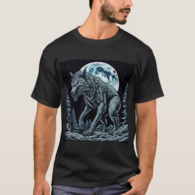 Camiseta Lobisomem Antigo Rosnando em uma Noite de Lua Chei (Frente)