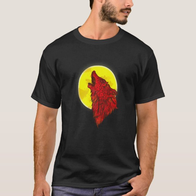 Camiseta Lobisomem Selvagem Vermelha Irritada Lobo Sob Lua  (Frente)