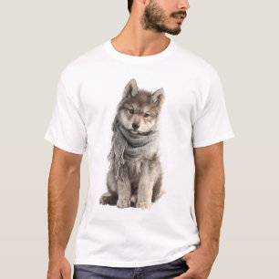 Camiseta Lobo Adorável com Cachecol Cinza de Inverno