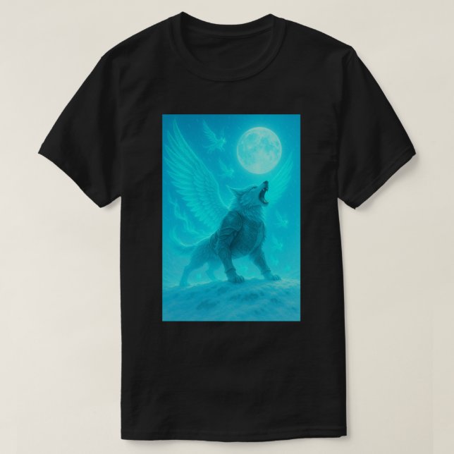 Camiseta Lobo Alado Místico Uivando para a Lua (Frente do Design)