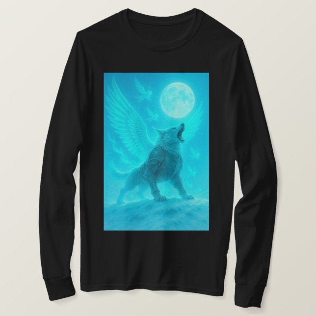 Camiseta Lobo Alado Místico Uivando para a Lua (Frente do Design)