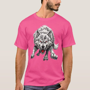 Camiseta Lobo Branco Feroz Com Olhos Vermelhos Agressivos.