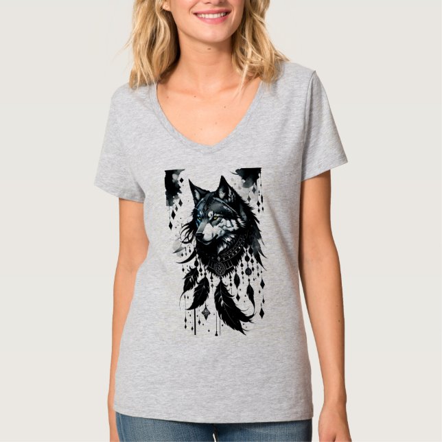 Camiseta lobo, caçador de sonhos, amuleto, talismã (Frente)