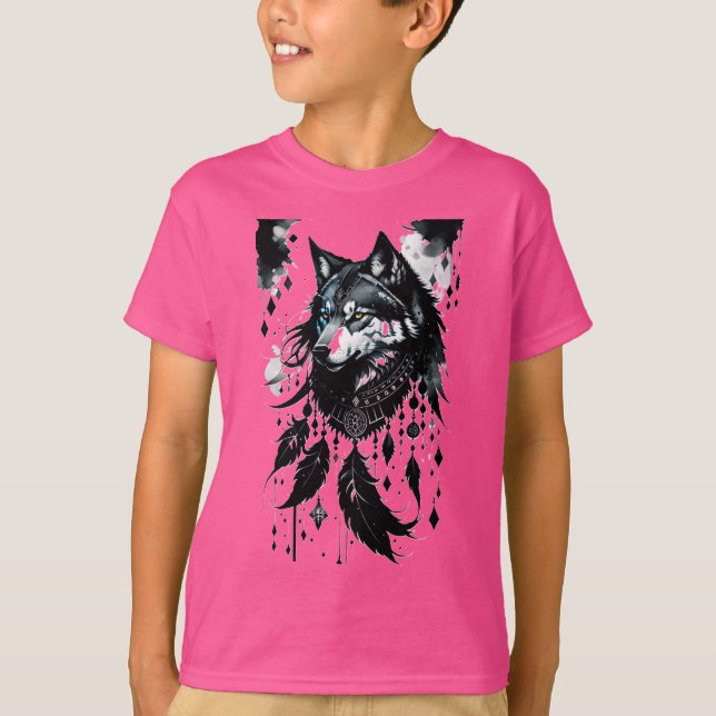 Camiseta lobo, caçador de sonhos, amuleto, talismã (Frente)