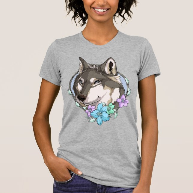 Camiseta Lobo-Cinza e Flores Ilustrados (Frente)