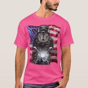 Camiseta Lobo Cinza Patriótico Em Moto Com Bandeira Dos Eua