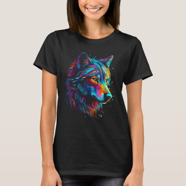 Camiseta Lobo Colorido Cabeça para Lobos Vadias (Frente)