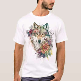 Camiseta Lobo Colorido e Florais Aquarela na Natureza