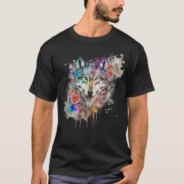Camiseta Lobo Colorido e Florais Aquarela na Natureza