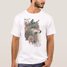 Camiseta Lobo Colorido e Florais Aquarela na Natureza
