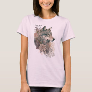 Camiseta Lobo Colorido e Florais Aquarela na Natureza