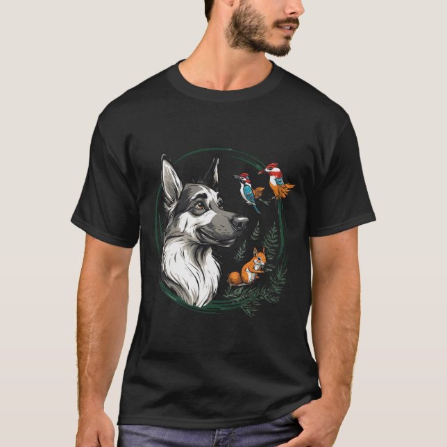 Camiseta Lobo com Esquilo e Pássaros Coloridos (Frente)
