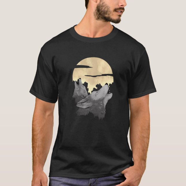 Camiseta Lobo da Lua Cheia Lobos Uivando Floresta Névoa Caç (Frente)