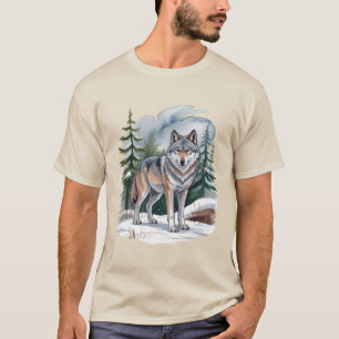 Camiseta Lobo de Aquarela do Inverno Retrô Selvagem dos Ano