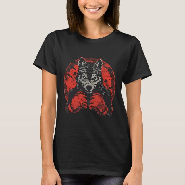 Camiseta Lobo de Boxe Com Luvas de Boxe Kickboxing Engraçad (Frente)