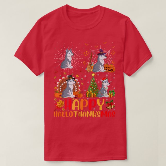Camiseta Lobo de Natal de Ação de Graças das Halloween Hall (Frente do Design)