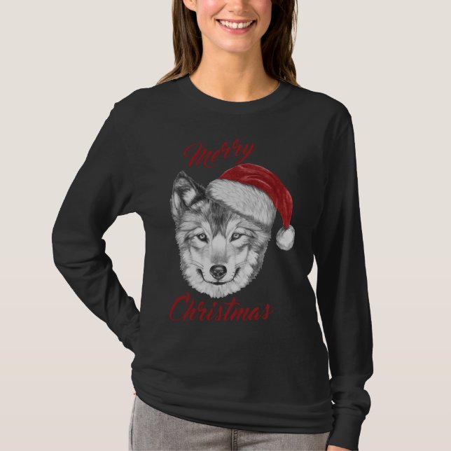 Camiseta Lobo de Natal engraçado com Papai Noel (Frente)