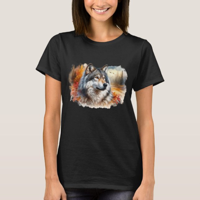 Camiseta Lobo em Aquarela no Outono  (Frente)