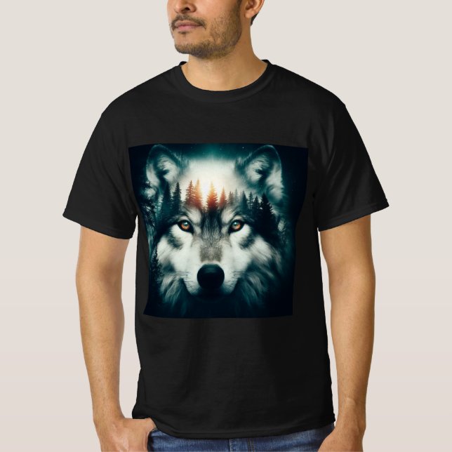 Camiseta  Lobo en la Noche: Diseño de Doble Exposición (Frente)
