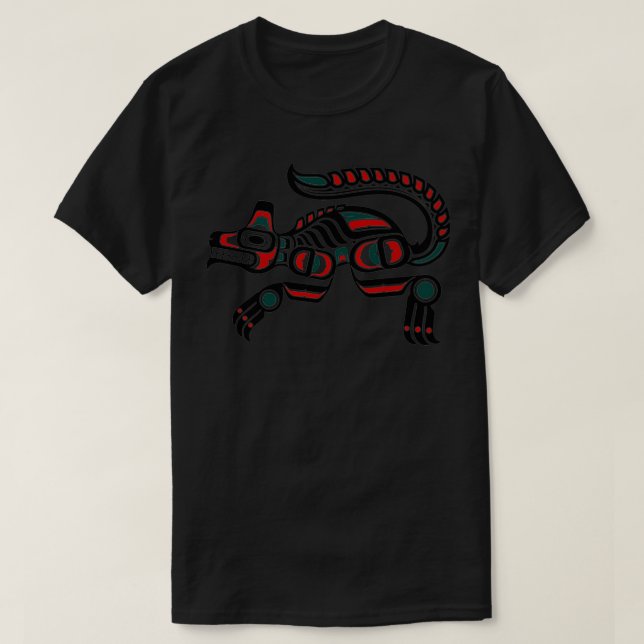 Camiseta Lobo Espírito Vermelho e Verde da Haida (Frente do Design)